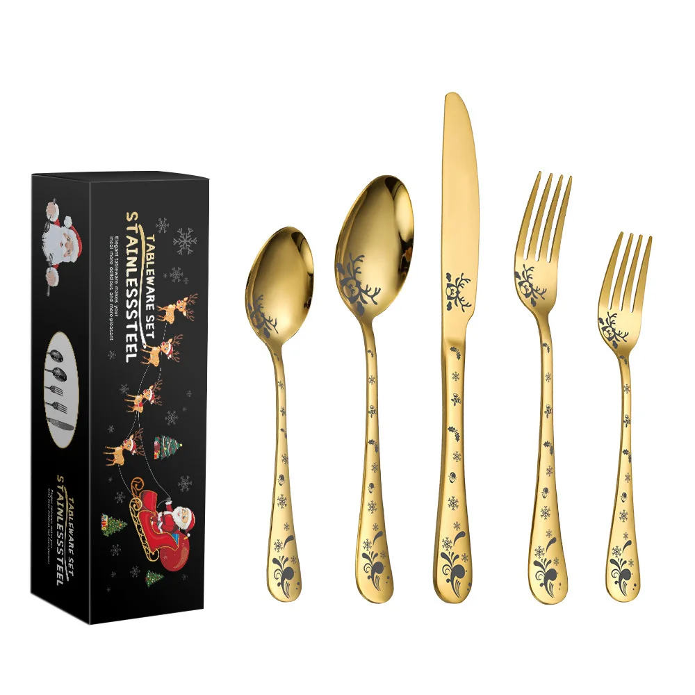 5pcs Cutlery Set Dinnerware Set Stainless Steel Tableware Set Cartoon Pattern Knife Fork Spoon Christmas Gift Dishwasher Safe