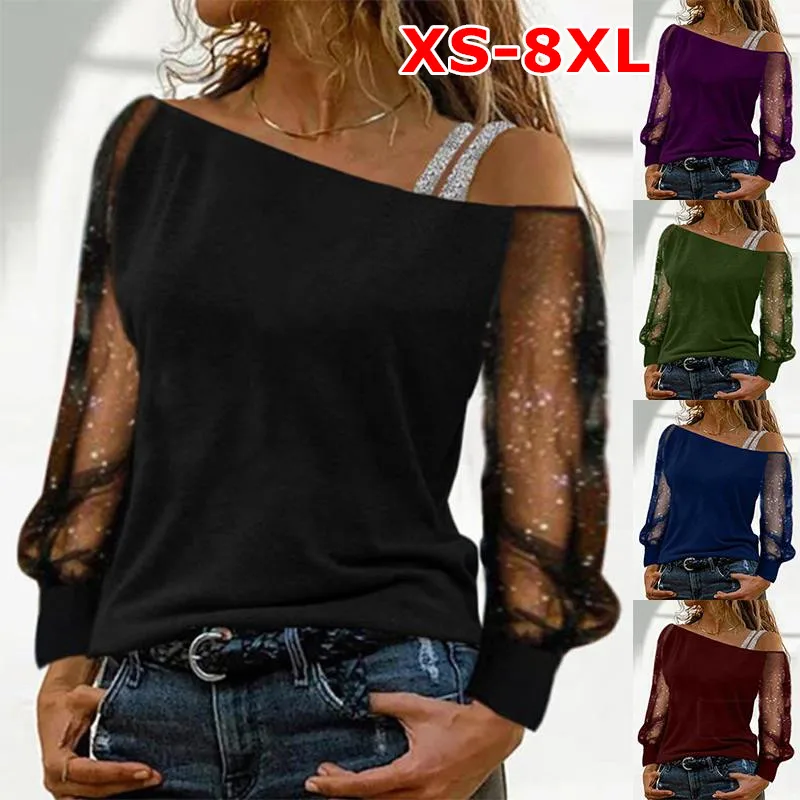 XS-8XL moda damska koszulki z długim rękawem jednolity kolor seksowne topy z odkrytymi ramionami jesień casualowe w stylu Streetwear T-shirt ubrania w stylu vintage