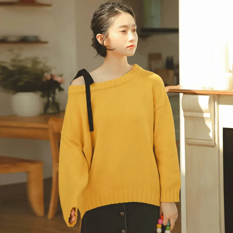 

Solid Color Sweater Women Autumn Winter Loose Strap Skew Collar Long Sleeve Pullover Female Retro Bottom Jumper Tops Wear H9415