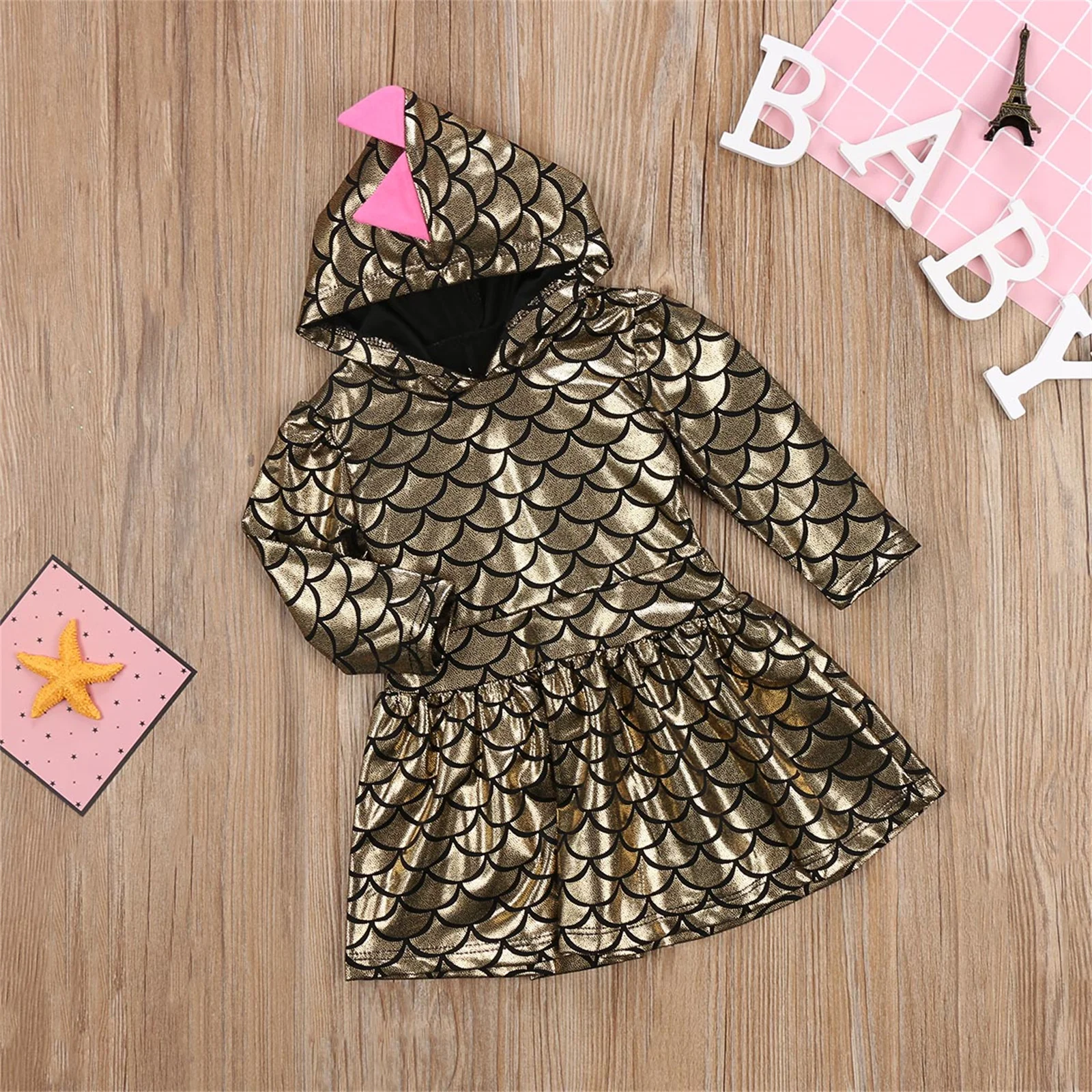 Baby Girls Dinosaur Princess Dress Children Fashion Gold Long Sleeve Party Dress With Hat Fish Scale Sequin Costume 1-5 Years