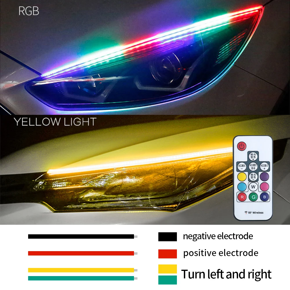 2PCS DRL Car Daytime Running Light LED Flexible Waterproof Strip Auto Headlights Turn Signal Decorative Lamp RGB APP Control 12V