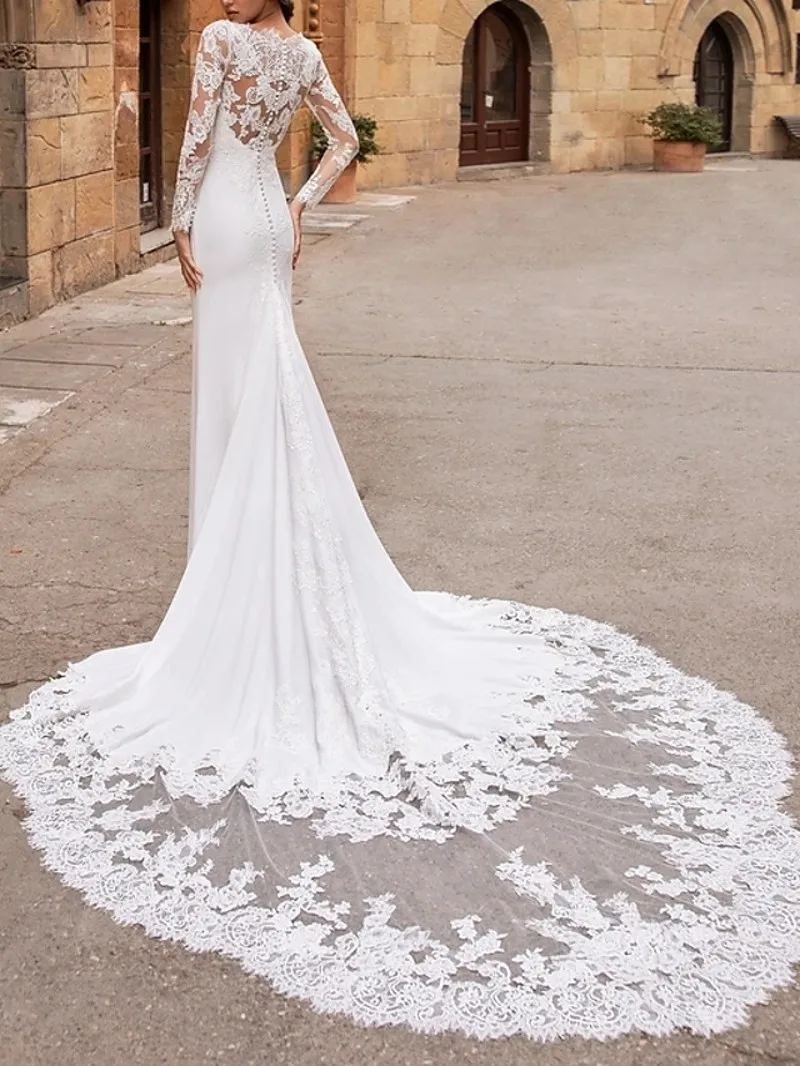 Vestidos De novia De sirena con cuello en V, manga larga De encaje, botones De talla grande, vestido De novia De Mairee