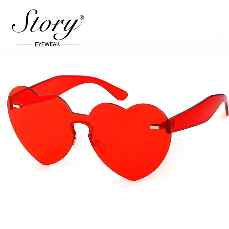 STORY 2018 Rimless Tint Clear Lens Sunglasses Fashion Lover Heart Shape Sun Glasses Candy Color Pink Purple Red Shades Female