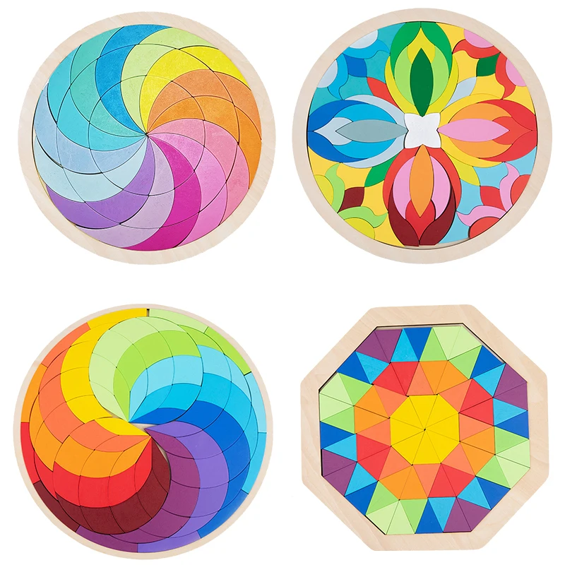 Kids Montessori Rainbow Wooden Puzzle Toys Art Educational Geometric Jigsaw Imagination Training Mandala Blocks Toys Brain Games