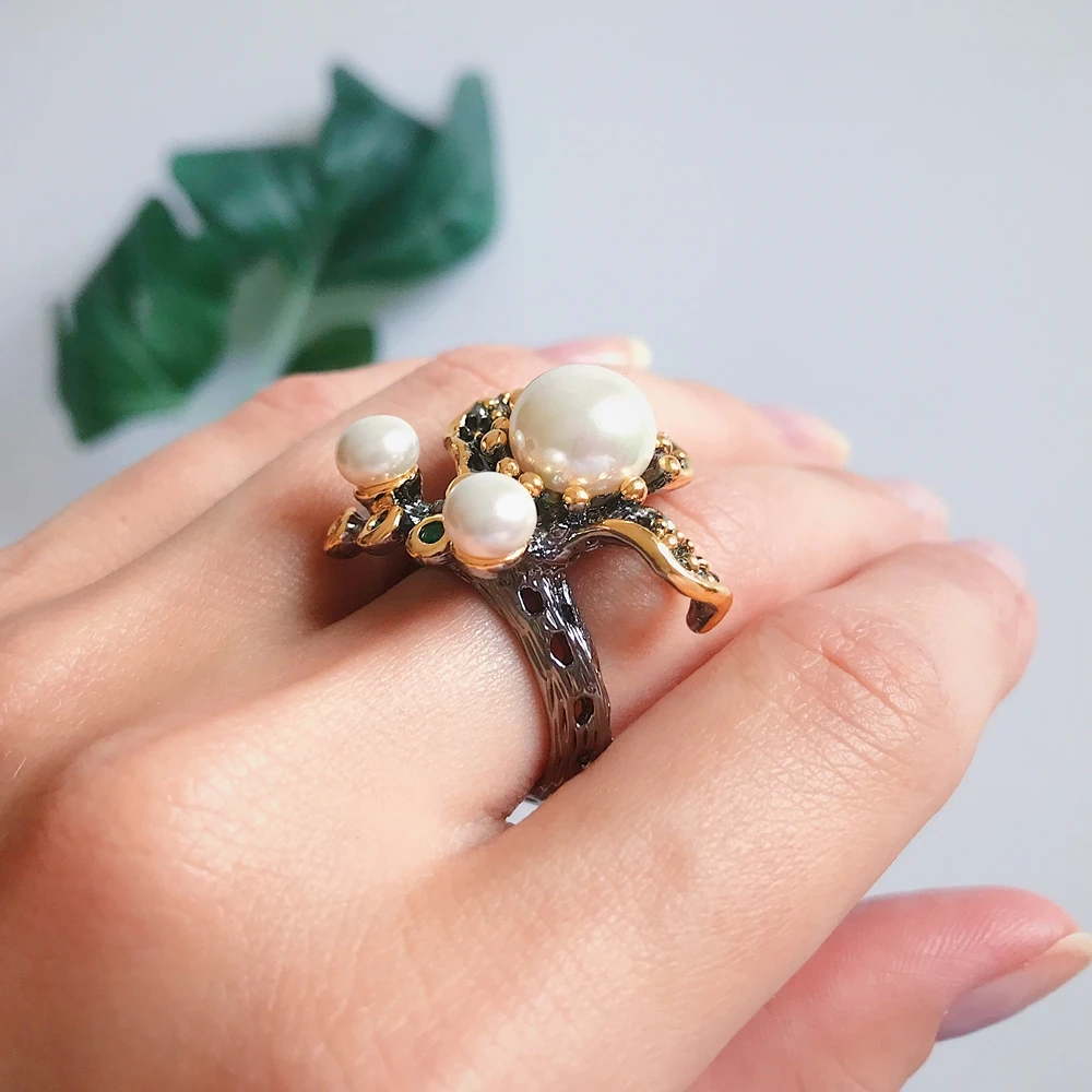 DreamCarnival 1989 Blooming Flower Pearls Ring for Women Wedding Engagement Green Tone Zirconia Black Gold Color Jewelry WA11755