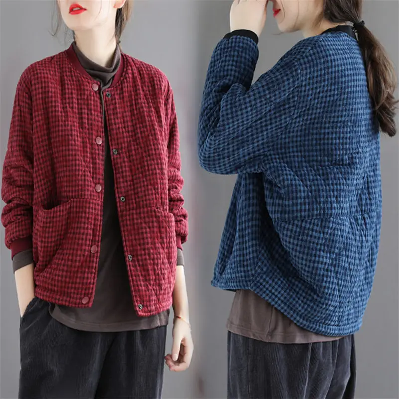 Quilted Warm Plaid Cotton And Linen Padded Jacket Retro Women's Loose Short Windproof Sleeve Winter Chaqueta M1692