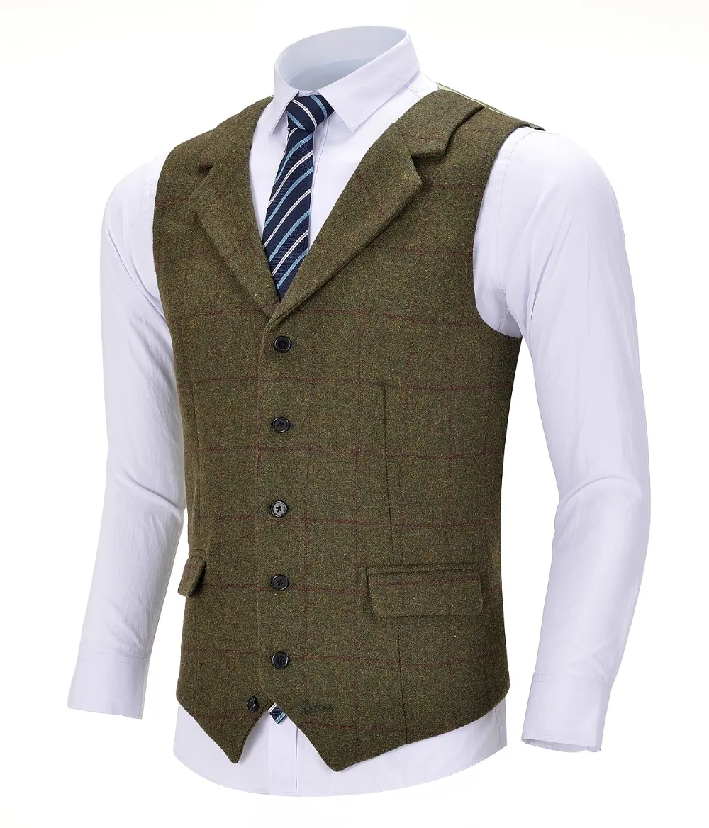 Men's Business Army Green Vest Plaid Wool Single-breasted Cotton Suit Vest Waistcoat For Wedding Formal Vest Groomsmen