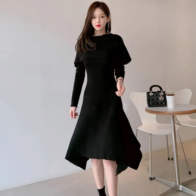 JSXDHK Women Fashion Slash Neck Midi Knitting Dress New Korean Autumn Winter Ruffles Off Shoulder Sexy Bodycon Sweater Dresses