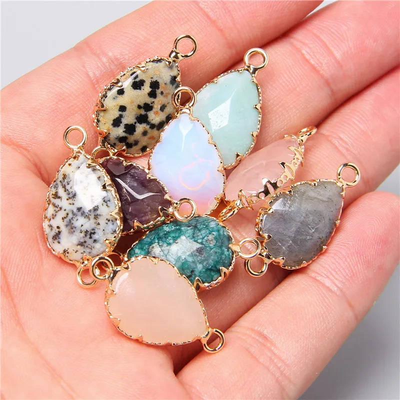 5pcs 13x23mm Water Drop Natural Stone Connector Charm Pendant Faceted Crystal Quartz Gem Pendant for Necklace Earring Making