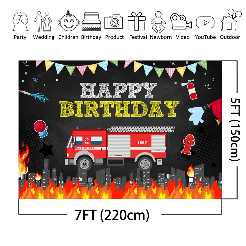 Firetruck Birthday Party Backdrop Fireman Fire Truck Firefighter Boy Birthday Decoration Photo Booth Photography Background