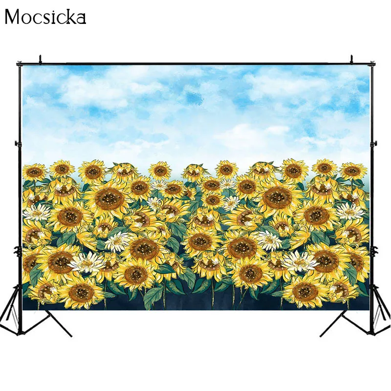 Arrière-plan pour photographie, champ de tournesol, nuages de ciel bleu, peinture à l'huile, Style Portrait d'anniversaire d'enfant, Studio Photo
