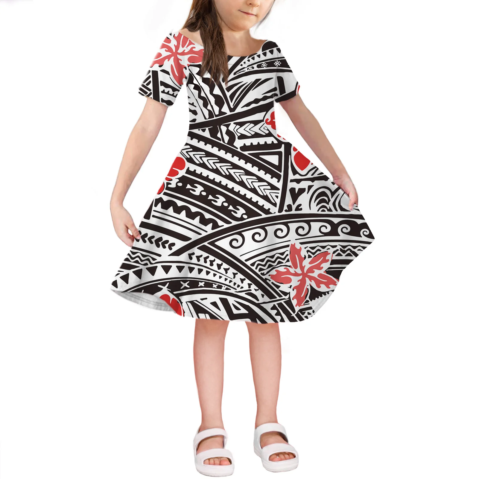 1 MOQ Girls Cotton Dress Samoan Tribal Design Print Kids Clothes Size 4-14 Hot sale Summer Girl Short Sleeve Dress