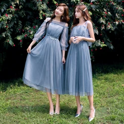 Elegant Women Bridesmaid Dresses Summer A-line Knee-length Simple Belt Blue Gray Pink Champagne Mesh Party Dress Sweet Memory