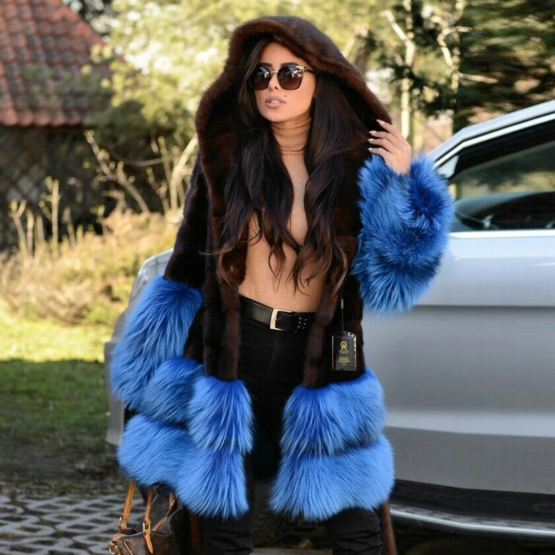 Fashion Women Real Mink Fur Jacket With Hood Blue Fox Fur Bottom Cuff Thick Warm Genuine Mink Fur Coat With Fur Belt Luxury