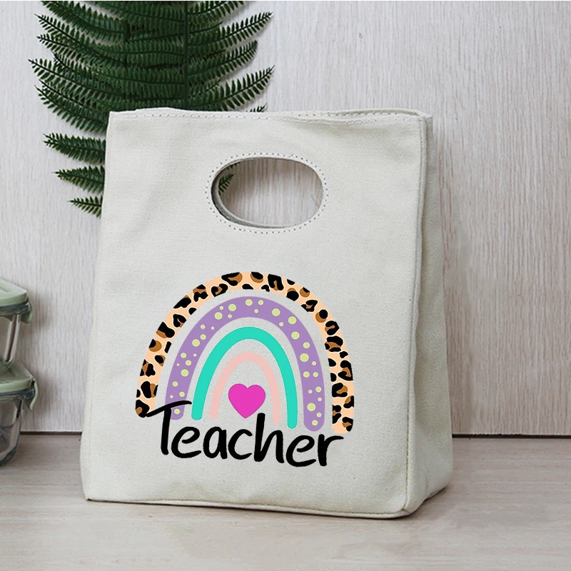 Rainbow Teacher Print Portable Lunch Box Bags Thermal Insulated Bento Tote Office School Food Cooler Storage Pouch Teacher Gifts