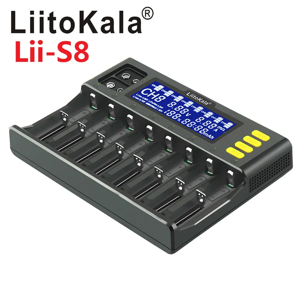 1-5PCS LiitoKala Lii-S8 8 Slots LCD Battery Charger for Li-ion LiFePO4 Ni-MH Ni-Cd 9V 21700 20700 26650 18350 18650 RCR123 18700