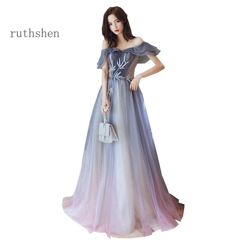 Tulle Prom Dresses A-Line Long Vestidos De Graduacion Evening Gowns Off Shoulder Shimmering Elegant Gradient Party Dress