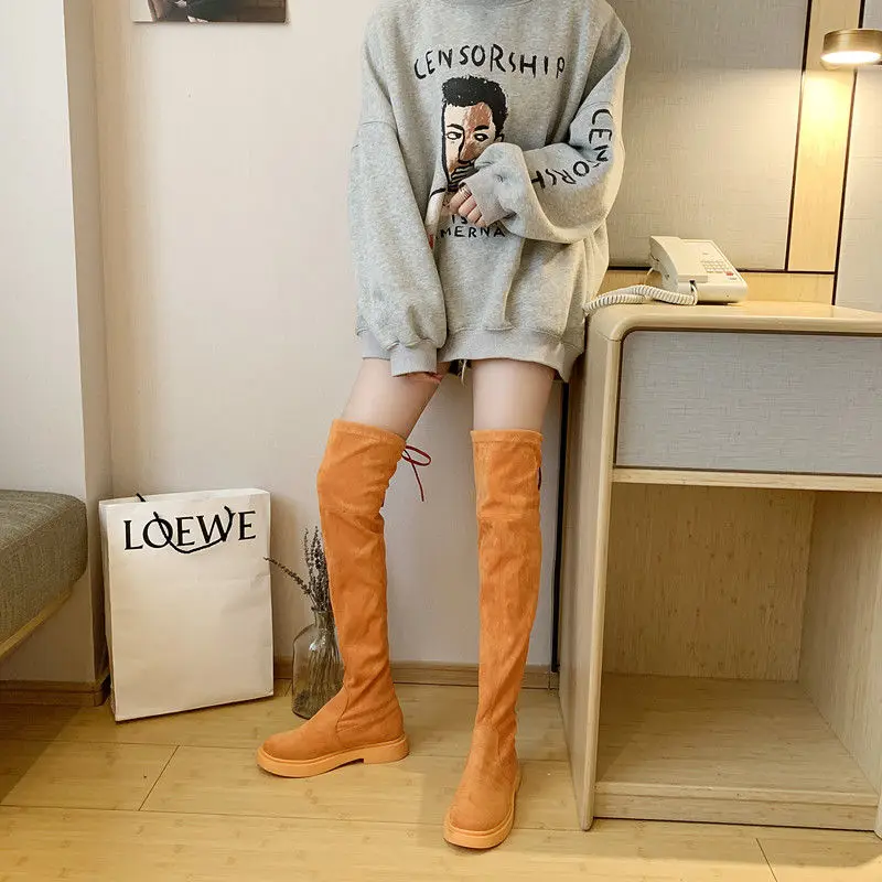 Fashion Over The Knee Women Stretch Orange Green Pink Boots 2021 New Winter Boots Women Slip On Platform Rubber Boots Black Boot