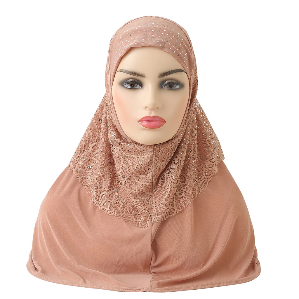 Women One Piece Muslim Hijab Lace Applique Patchwork Long Head Wrap Islamic Scarf Turban Cap Wrap Shawl With Glitter Rhinestone