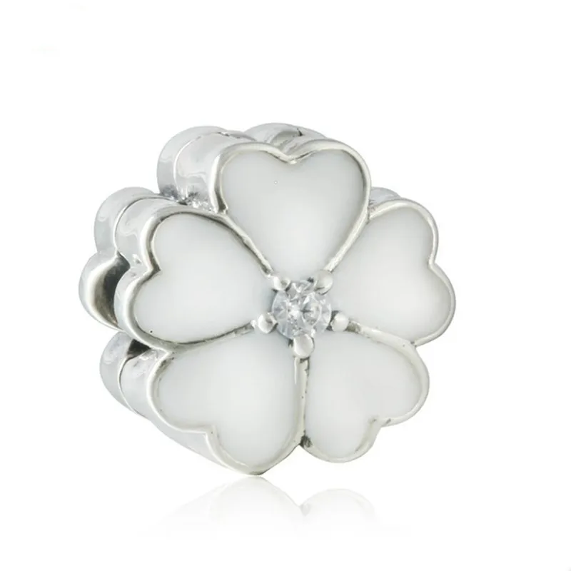 

New White Enamel Primrose Clip Charms Beads 925 Sterling Silver Brand Jewelry CZ Flower Stopper Fits Pandora Bracelets Diy