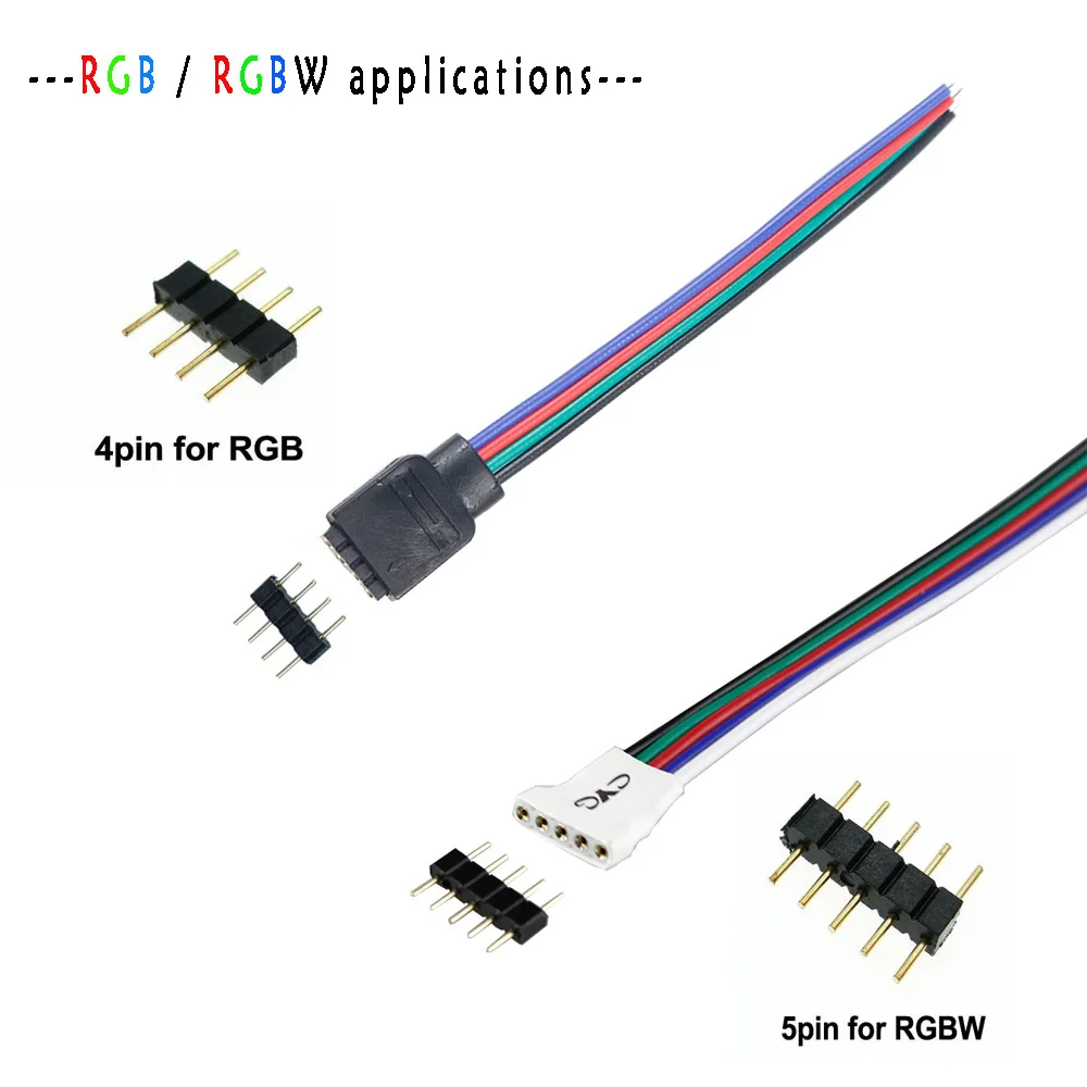 4pin RGB / 5pin RGBW Plug Male Connector For RGB/RGBW Female connector 5050 LED Strip RGB Single Color led lighting