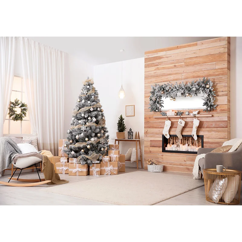 Allenjoy Christmas Decor Winter Tree Fireplace Gifts Wooden Floor Photophone Backdrop New Year Festival Photograpy Background