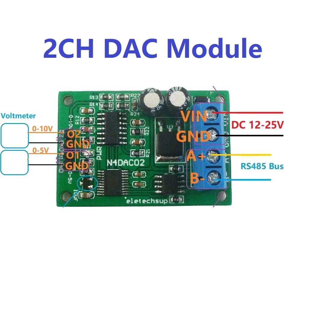 4x N4DAC02 12V 24V 2CH 0-5V 0-10V PWM to Voltage Analog Converter DAC Module RS485 Modbus RTU 03 06