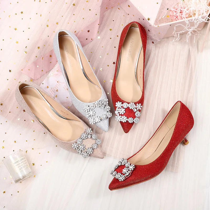 Designer women pumps Wedding None-Woven Slip On 3.5CM Thin High Heels Pointed Toe Shallow Rhinestones women shoes size 35-42