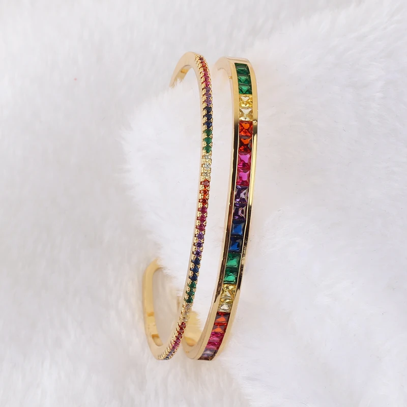 Double Layer Cuff Bangle Bracelet Gold Color Copper Multi Color Rainbow Bangles for Women Girls Fashion Jewelry