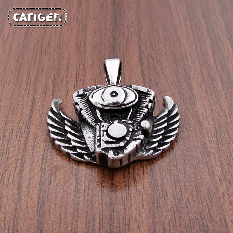 Classic 316L Stainless Steel Eagle Wings Engine Style Biker Pendant Motorcycle Bike Necklace Jewelry