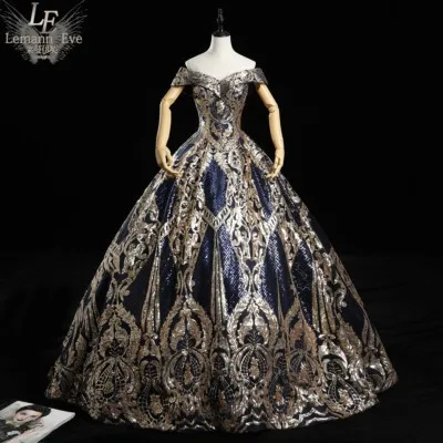 

luxury golden sequin embroidery ball gown long dress vintage medieval dress Renaissance princess Victoria dress