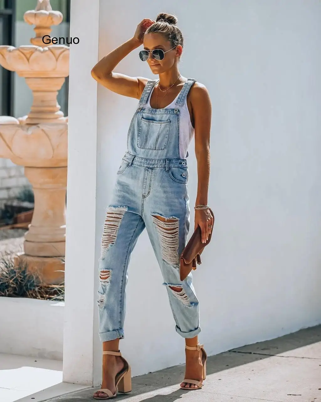 Women Denim Jumpsuits Hollow Out Design Pockets Decor Sling Sleeveless Backless Solid Color Fashion Casual Straight Jumpsuits