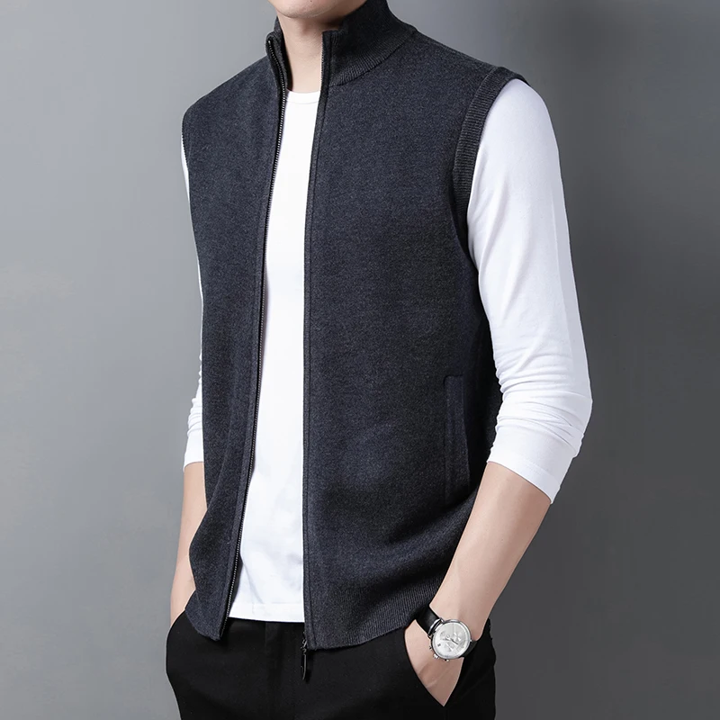 Man Thick Wool Cardigan Casual Mandarin Collar Sweater Vest Male Sleeveless Solid Color Knit Coat