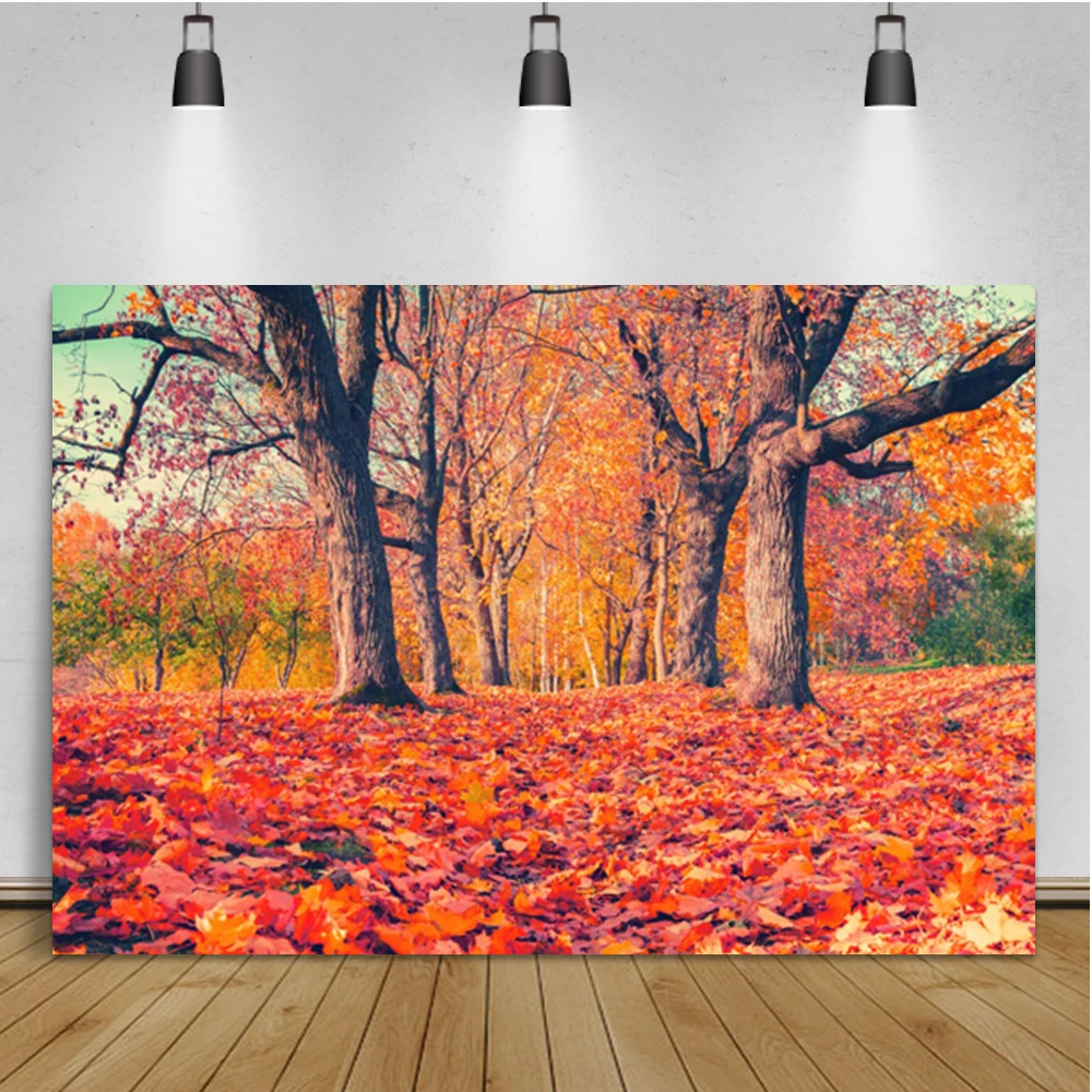 Laeacco Autumn Scenic Backdrops Landscape Yellow Forest Maple Trees Leaves Road Photography Backgrounds Baby Portrait Photophone