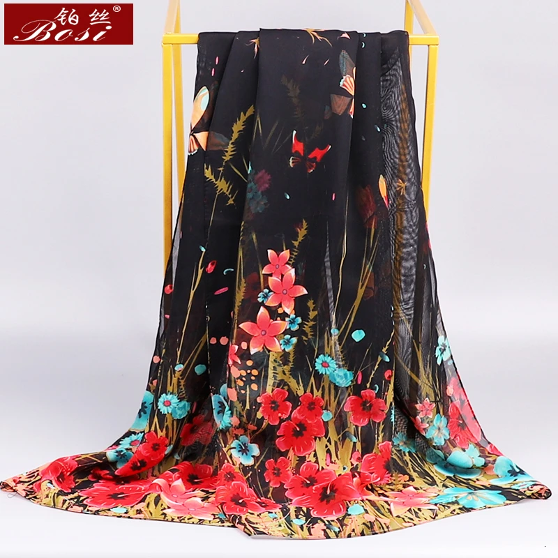 BOSI Chiffon Scarf  Woman Satin Long Scarves Flower Print Plaid butterfly Beach Luxury Brand ladies Hijab Head Stoles Spring