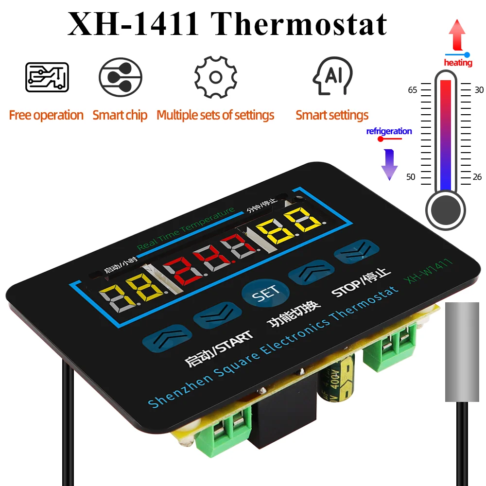 XH-W1411 Temperature Controller DC12V 220V Thermostat Switch Real Time Temp Control for Greenhouses Aquatic Heating Cooling