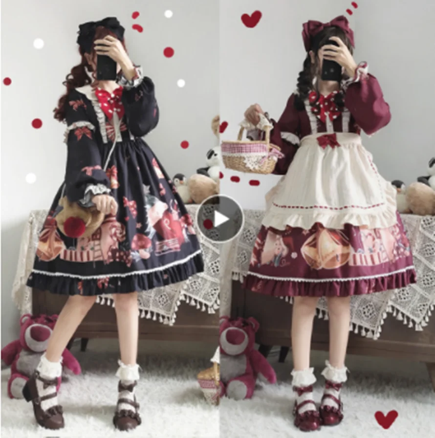 Kawaii mädchen gothic lolita op Weihnachten party süße lolita kleid vintage falbala bowknot hohe taille niedlich druck viktorianischen kleid