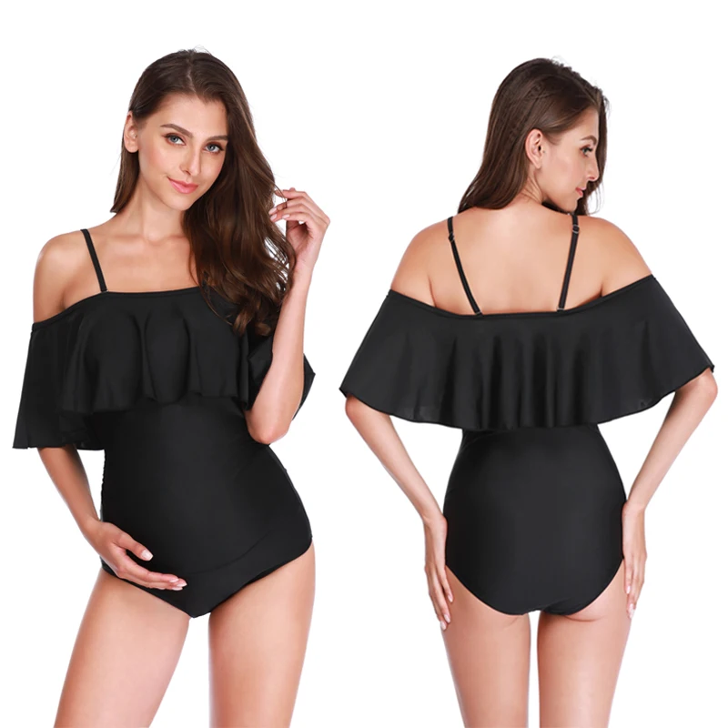 

Maternity Swimwear Summer Solid Flounce Bikinis Off Shoulder One Piece Halter Large Size Swimsuit Pregnant Beachwear Woman Bodys