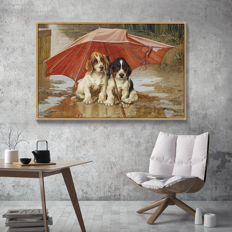 Poor Two Dogs under the Shabby Umbrella Oil Painting Prints on Canvas Wall Art Decorative Picture for Living Room Decor No Frame