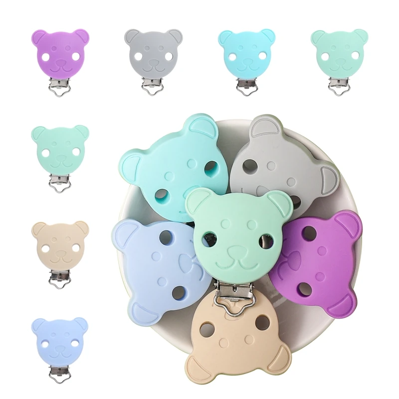 Vamos fazer 5 pçs clipe de chupeta de silicone dos desenhos animados urso forma de metal infantil mamilo manequim clipe para bebê diy chupeta