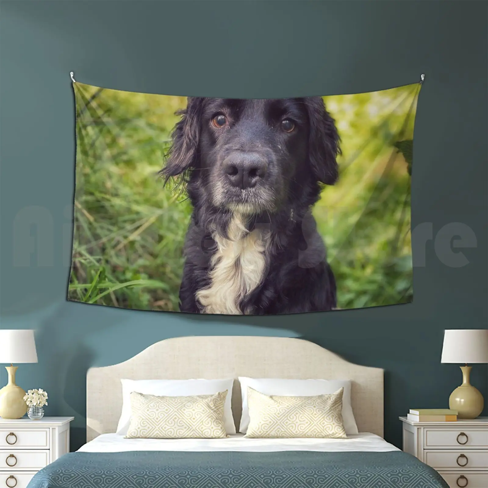 Black Spaniel In The Grass Tapestry Living Room Bedroom Black White Green Vintage Vignette Dog Hound Puppy Cute