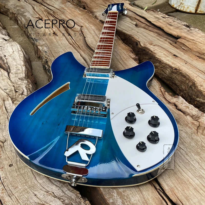 Semi Hollow Body 360 Electric Guitar, Tailpiece Bridge, Blue Color Guitarra, Rosewood Fingerboard, Free Shipping