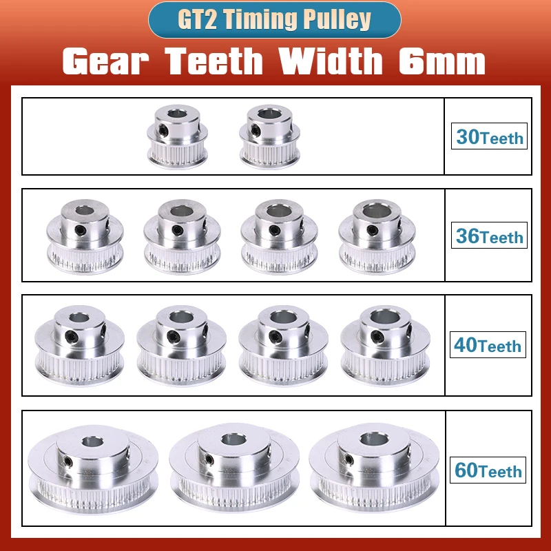 

2GT GT2 Timing Pulley 30 36 40 60 Tooth Wheel Bore 5mm 6.35mm 8mm 10mm Aluminum Gear Teeth Width 6mm For Reprap 3D Printers Part