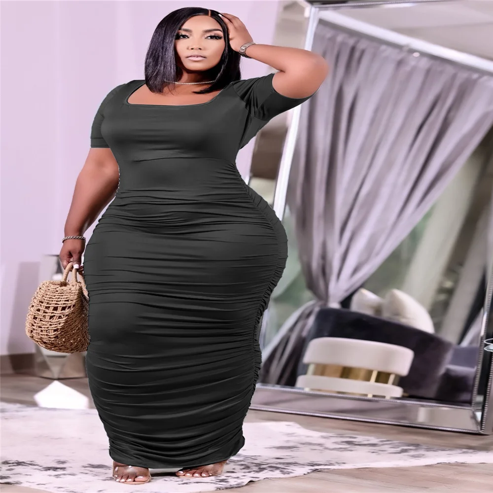 Plus Size 5XL Solid Folds Dress Floor Length Round Neck 2021 Summer Fashioh Sexy Festival Clothing Wholesale Dropshipping
