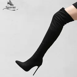 Thigh High Boots Women Autumn Spring Sexy Over the Knee Boots Stretch Flock High Heel Long Shoes Woman Big Size 45 48 Black Grey