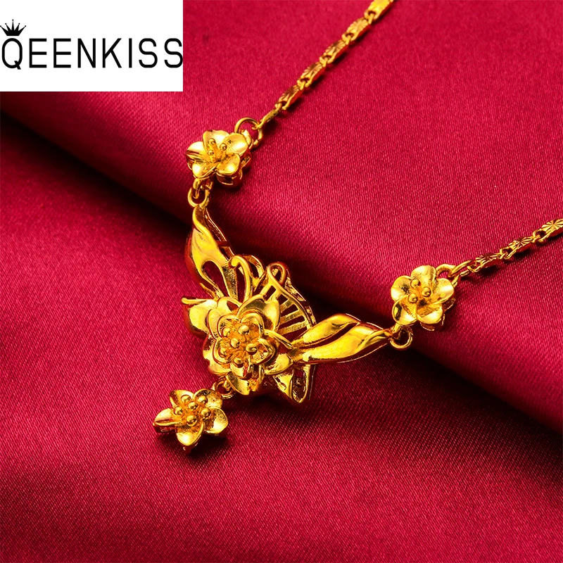 

QEENKISS NC5140 Fine Jewelry Wholesale Fashion Woman Girl Bride Birthday Wedding Gift Vintage Flower 24KT Gold Pendant Necklaces