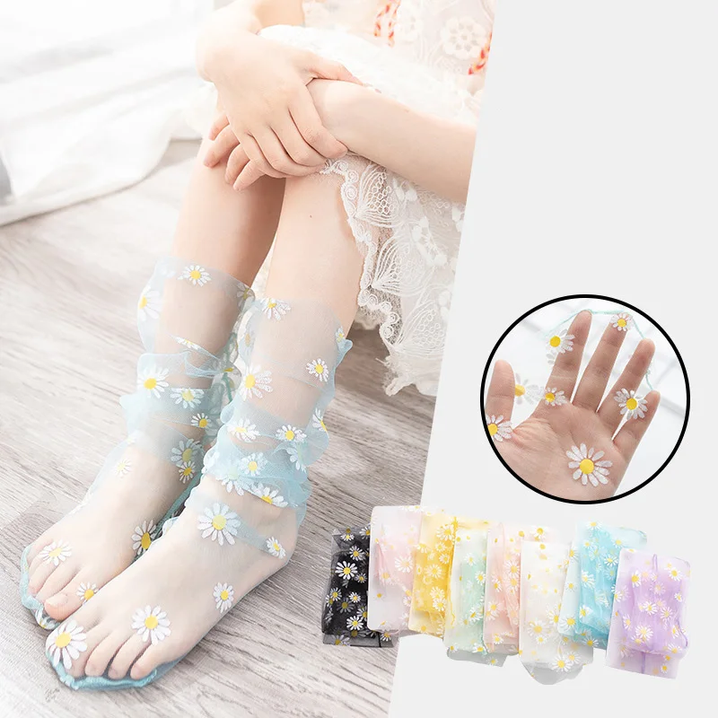 Summer Children\'s Net Yarn Socks Transparent Ultra-thin Stockings Daisy Printed Mesh Socks Baby Toddler Socks