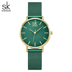 Shengke Watch For Women Special Green Dial Fashion Montre Femme Japanese Quartz Movement Ladies Watches Slim Adjustable Band