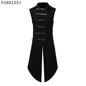 Gilet en velours gothique noir Steampunk pour hommes, Costume médiéval victorien à Double boutonnage pour hommes, manteau de queue, Costume de bal de Cosplay sur scène