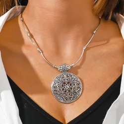 Ethnic Style Jewelry On The Neck Tibetan Silver Pendant Vintage Chain Necklace Hollowed Out Carved Large Disc Female Necklace